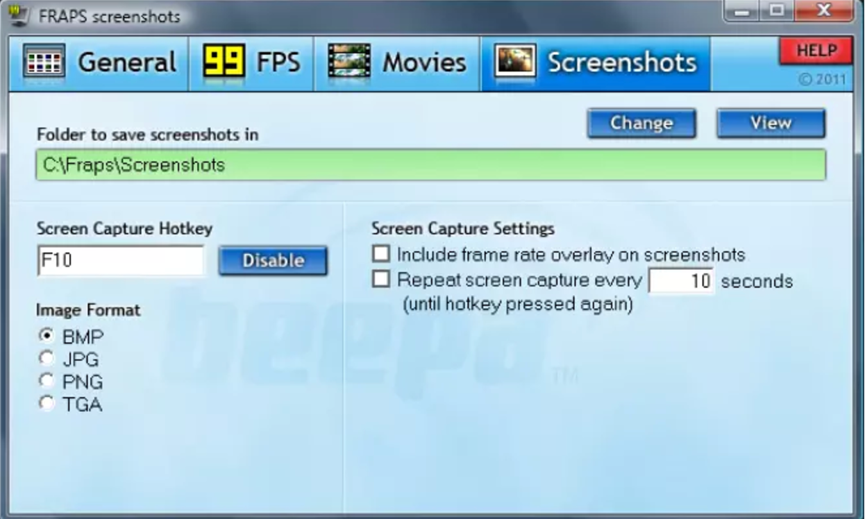 Интерфейс FRAPS (Windows)